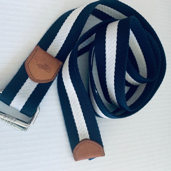 Polo Ralph Lauren Navy White Striped Fabric Leather Dual D Ring Belt XL - Picture 2 of 9